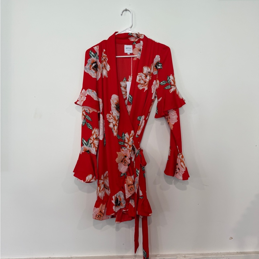 Misa Los Angeles Red Floral Wrap Dress with Pink & Cream Blooms